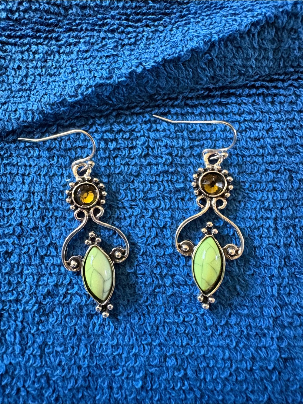 Sterling-Style Green Stone Drop Earrings with Amber Accent